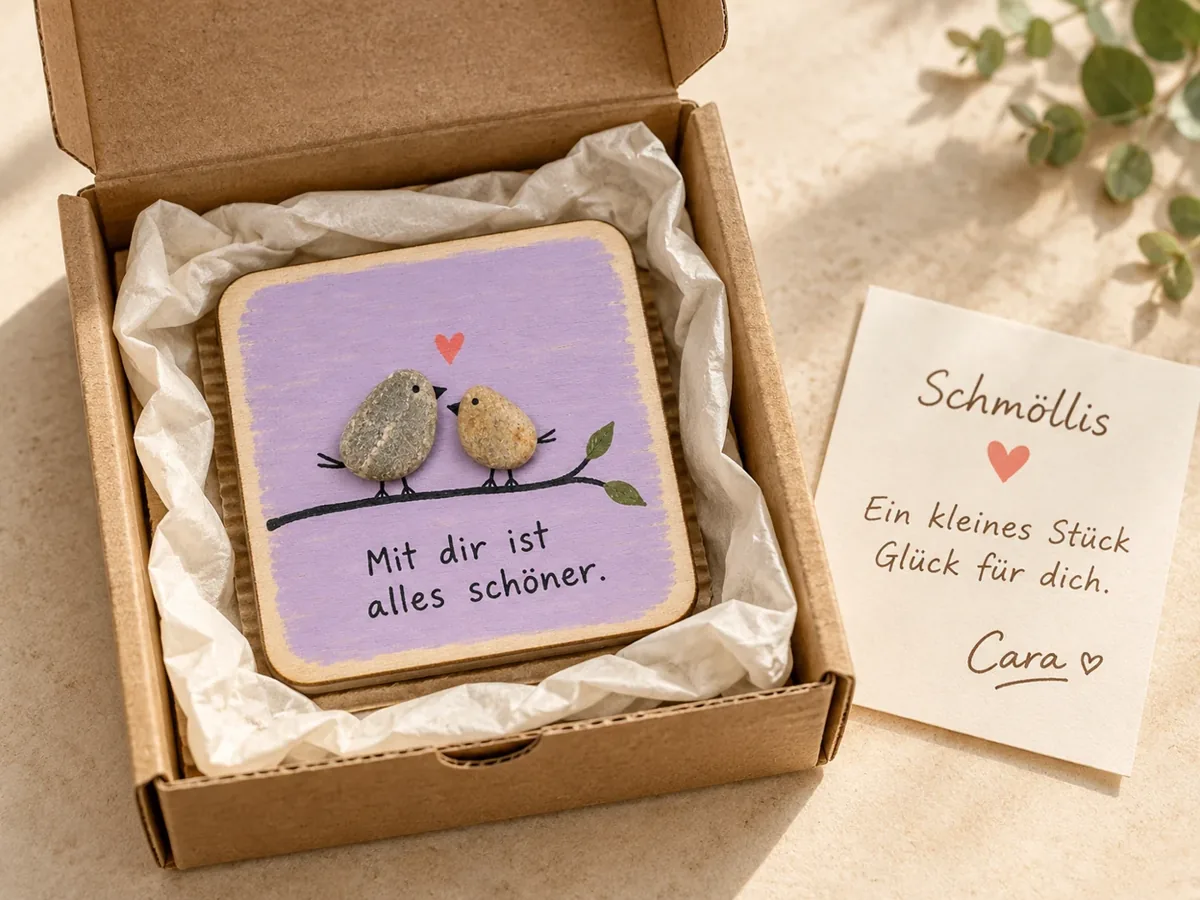 Ein lavendelfarbener Schmölli in einer offenen Kraftpapierbox mit Seidenpapier und einer Grußkarte von Cara